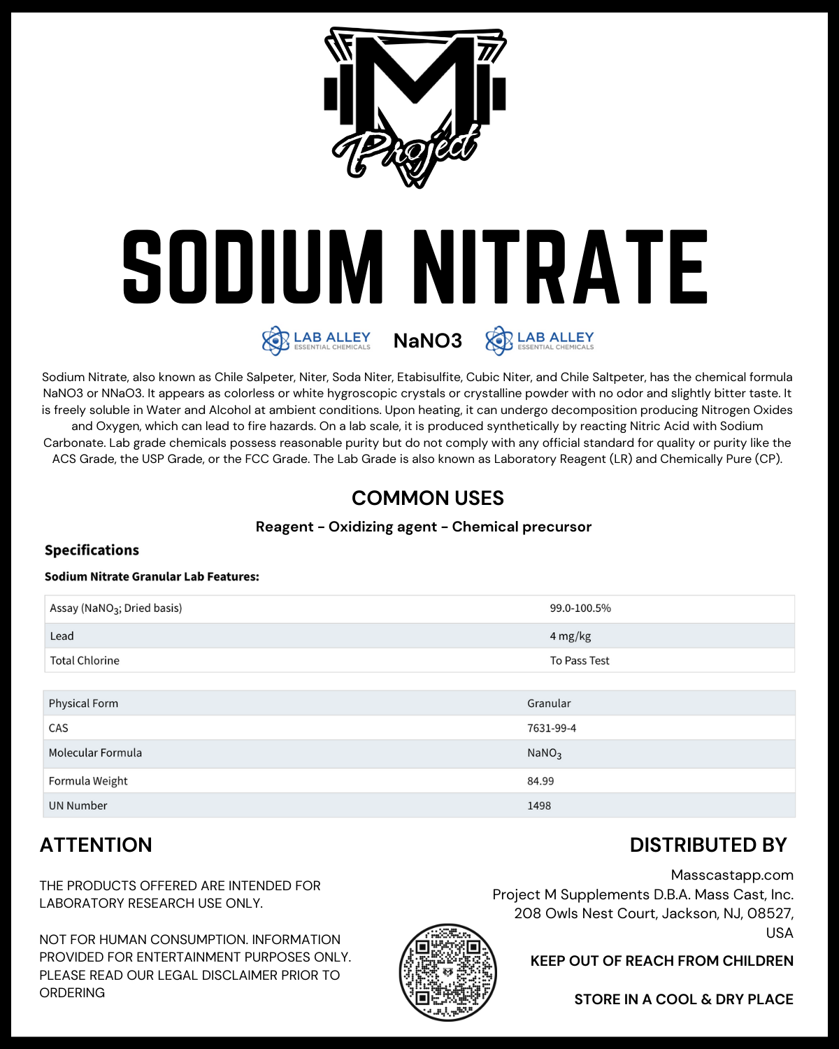 Sodium Nitrate NaNO3 Lab Grade Granular